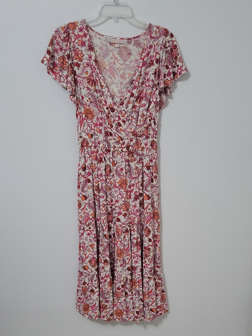 Knox Rose Pink and Orange Floral Wrap-Style Midi Dress, Size Small